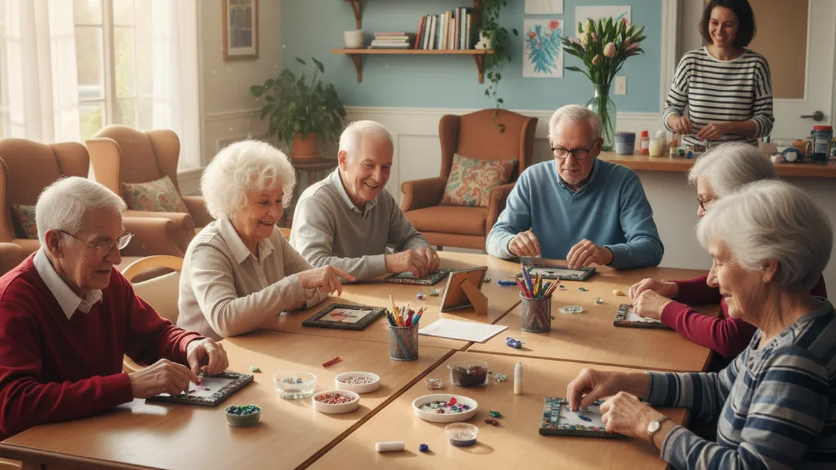 Small group of elderly adults doing a craft activity together at tables in a bright community room, with a staff member nearby