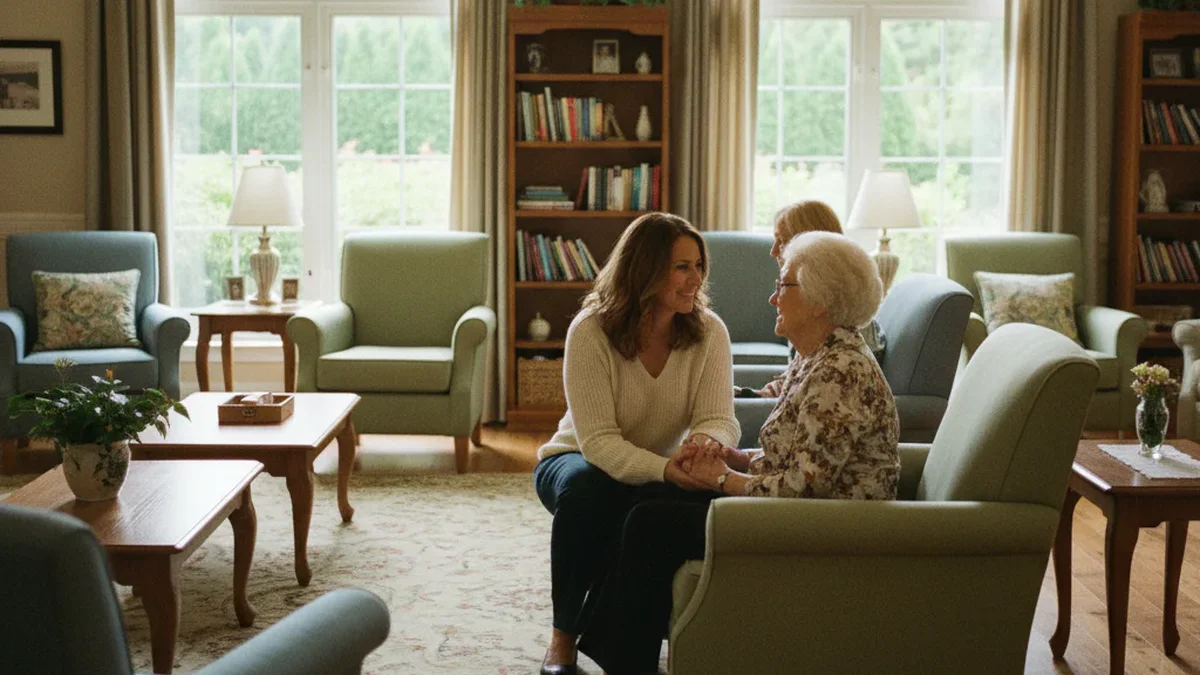 Adult daughter sitting in a bright, home-like common room of a senior living community, warm natural light, comfortable residential chairs