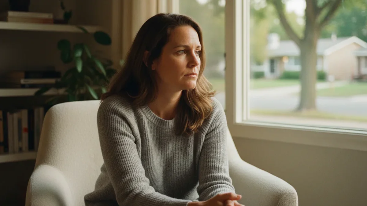 Woman in her 40s sitting alone in a quiet living room, looking out a window with a reflective expression, warm afternoon light