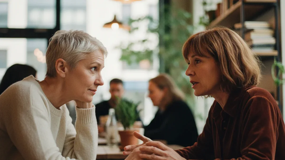 Two women in their 50s sitting across from each other at a cafe table, one leaning in and listening attentively, warm natural light