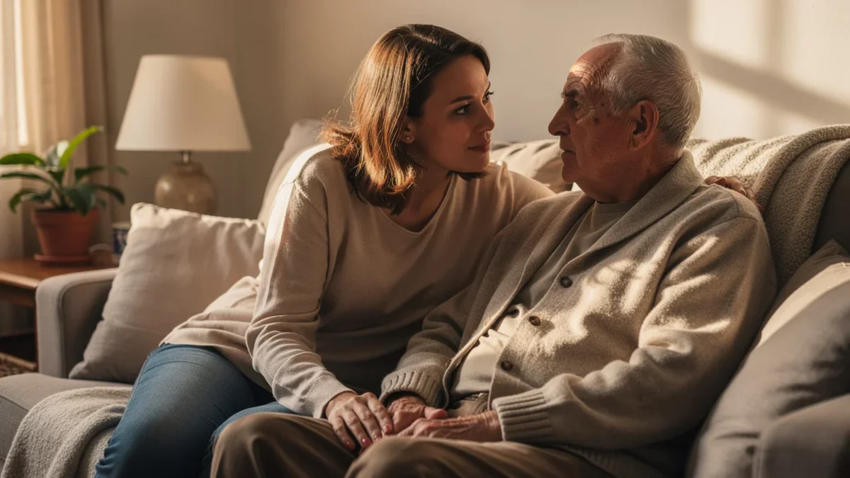Adult daughter sitting with elderly father on a home couch, calm and attentive conversation in warm afternoon light
