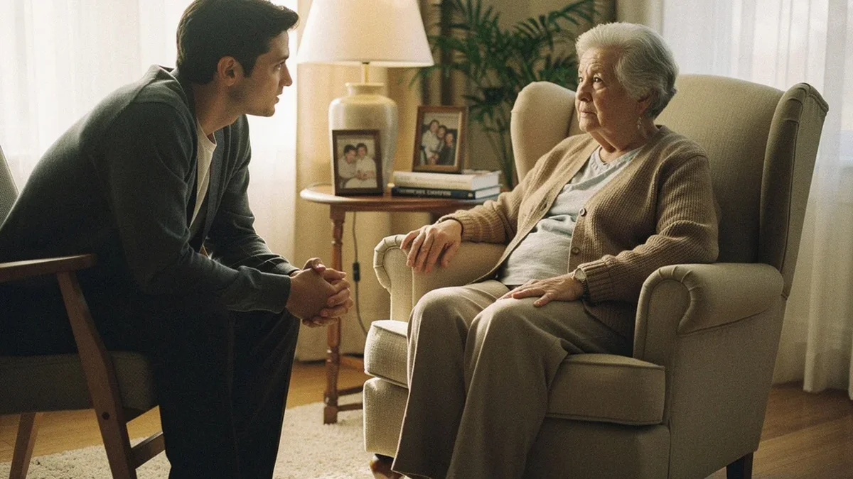 Elderly parent sitting in a comfortable armchair with hand on knee, adult child nearby in calm supportive conversation, warm residential living room with soft afternoon light