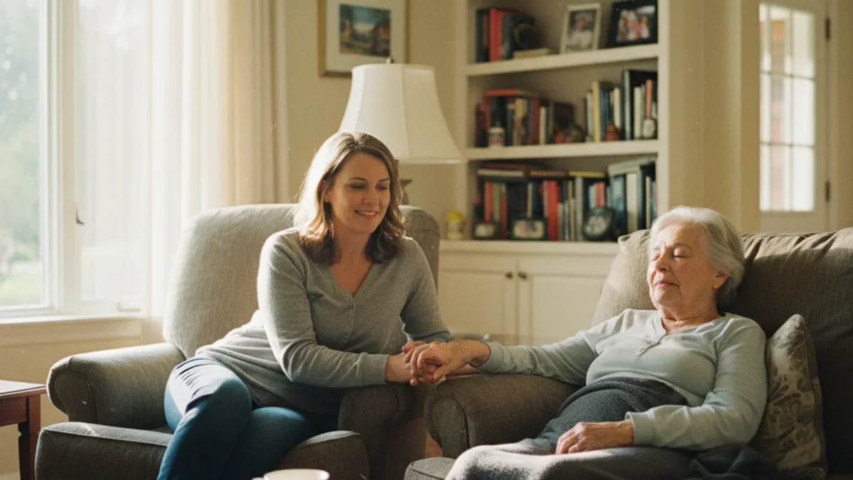 Adult caregiver sitting calmly with elderly parent in a residential living room, quiet attentive moment, warm afternoon light