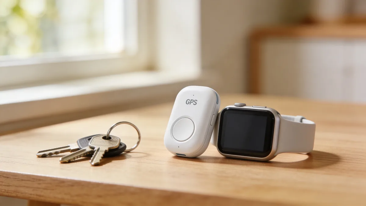 A small white GPS location tracker device and a wearable tracking smartwatch resting on a wooden table beside a set of house keys in soft daylight