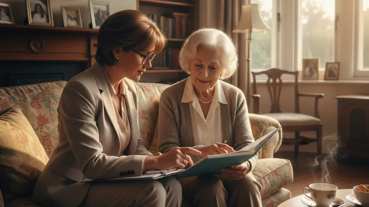 Professional woman in a suit reviewing documents with an elderly woman in a warm residential living room