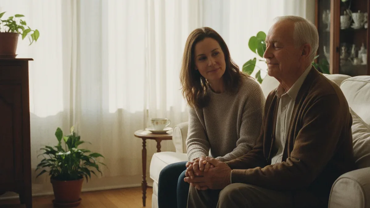 Adult daughter sitting beside elderly father in a sunlit home living room, holding his hand in a tender and peaceful moment