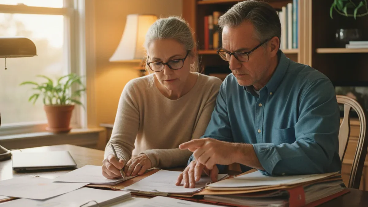 Adult couple in their 50s reviewing financial paperwork together at a home office desk with warm afternoon light