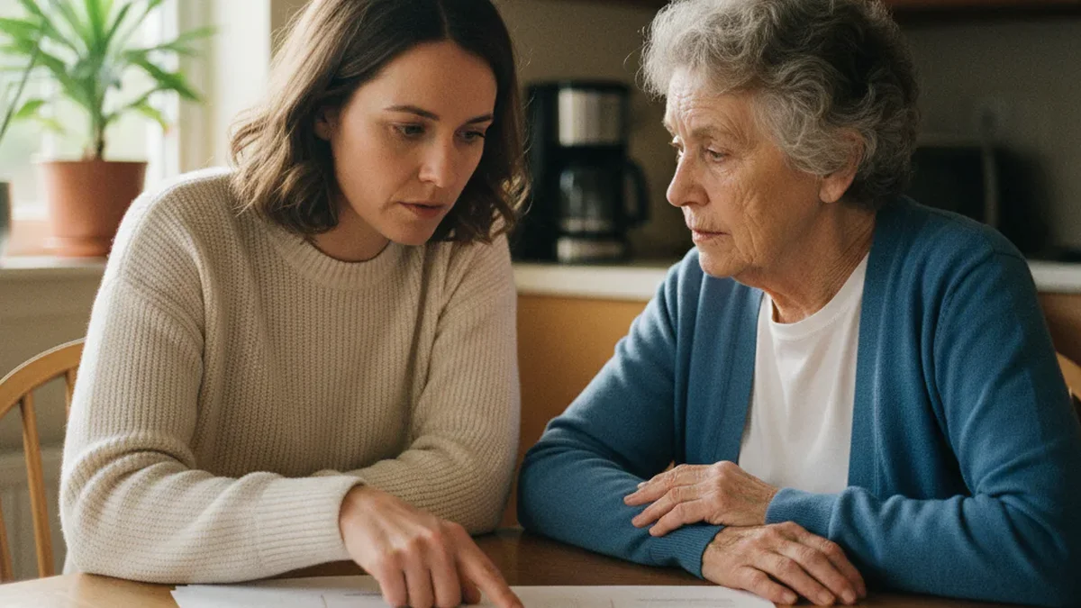 Adult daughter at kitchen table with elderly mother, having a calm serious conversation over documents in a warm residential kitchen
