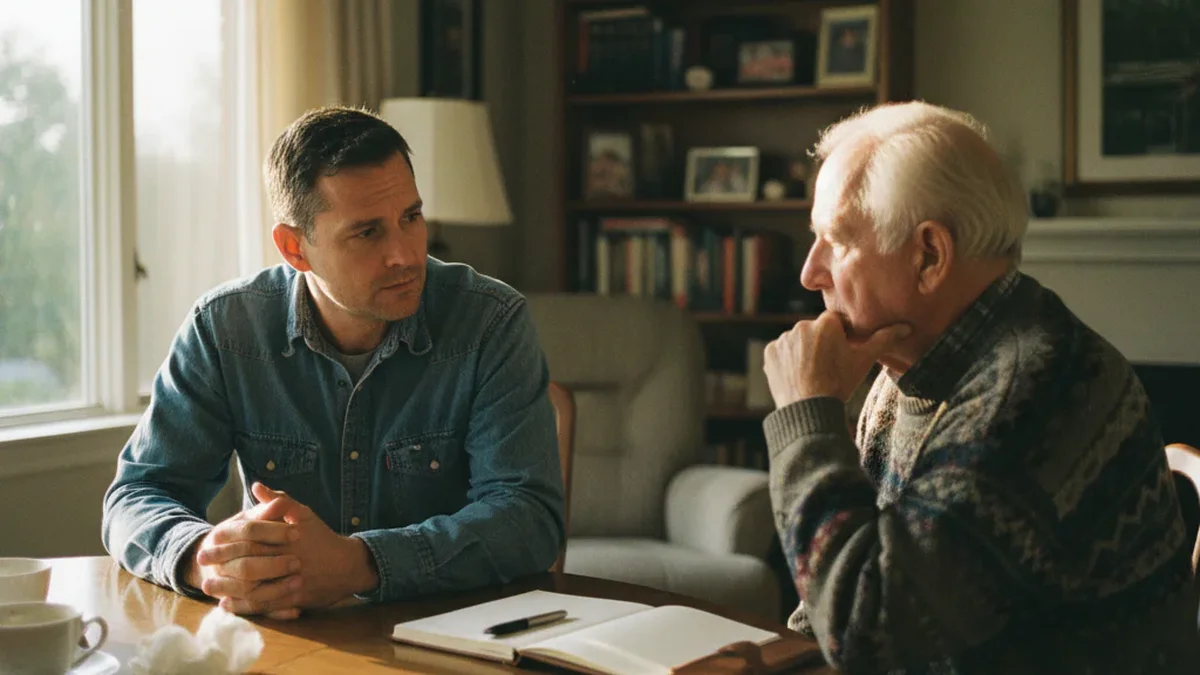 Adult son and elderly father having a serious conversation at a residential living room table