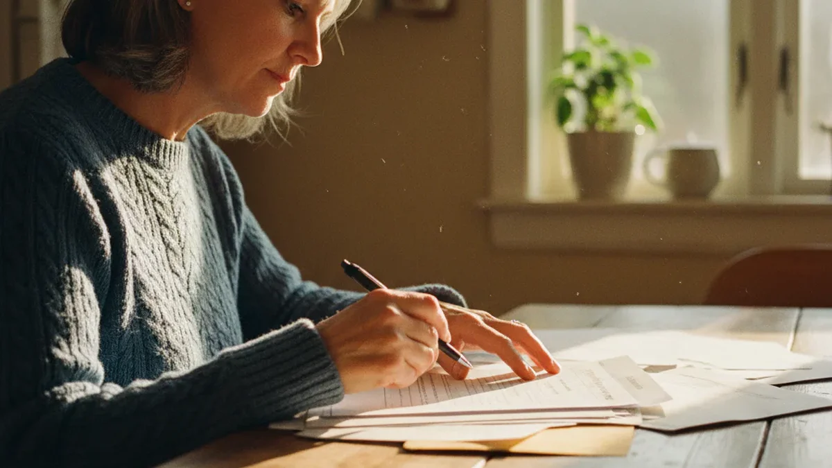 Woman in her 50s at a kitchen table reviewing insurance policy documents with pen in hand, warm afternoon window light