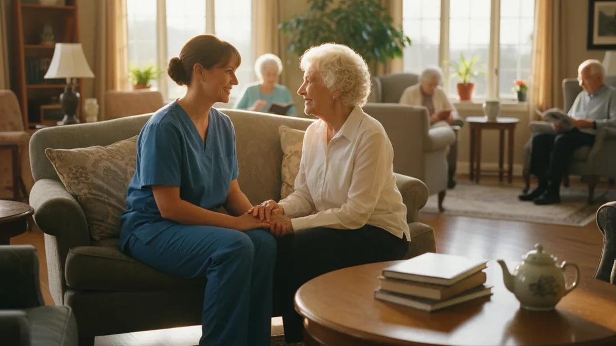 Professional caregiver sitting with an elderly resident in a warm, home-like senior living common room with natural light