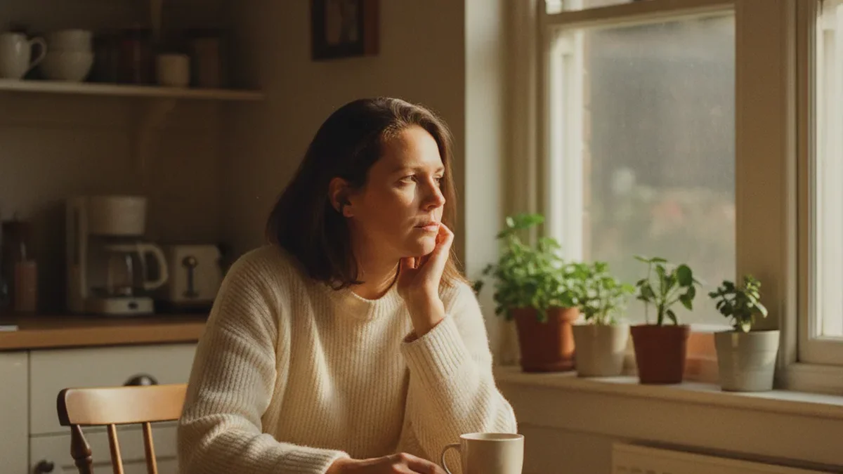 Adult daughter sitting alone at a residential kitchen table, looking out the window with a thoughtful, reflective expression in warm afternoon light