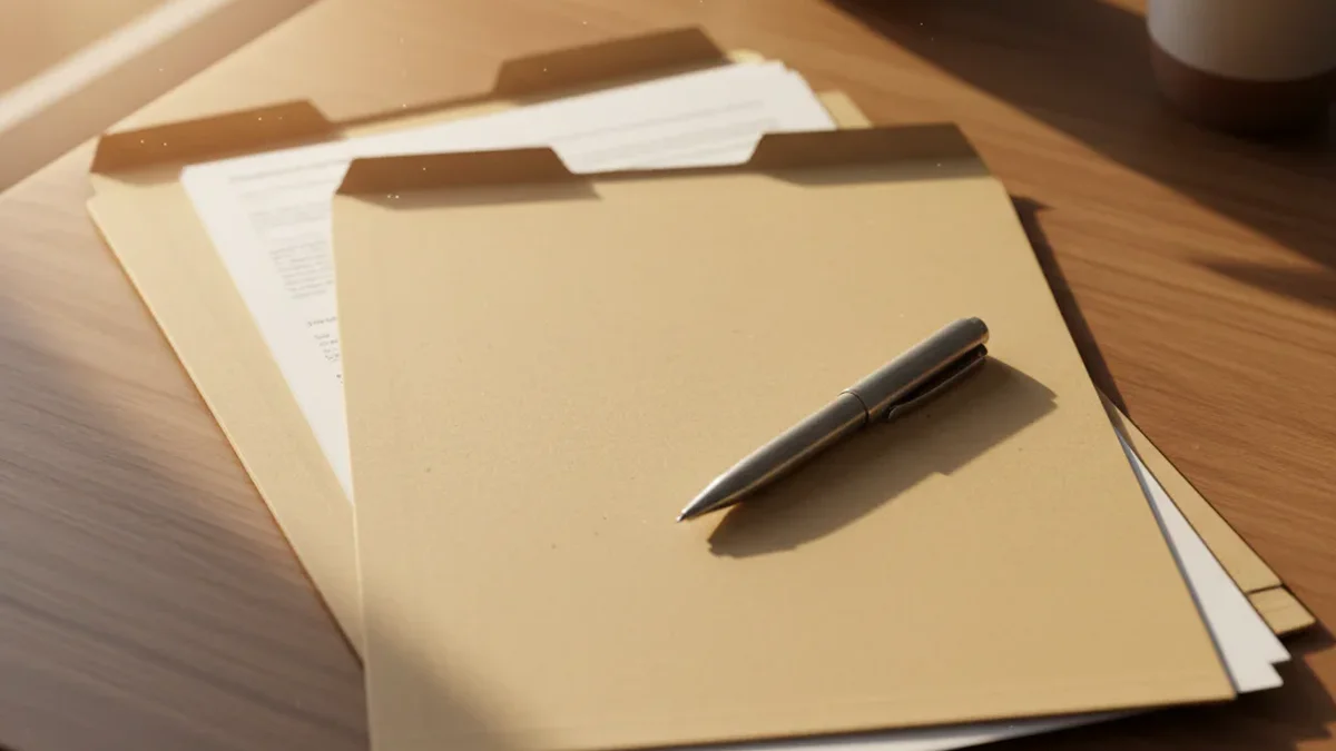 Three stacked folders on a wooden desk with a pen resting on top, warm afternoon light