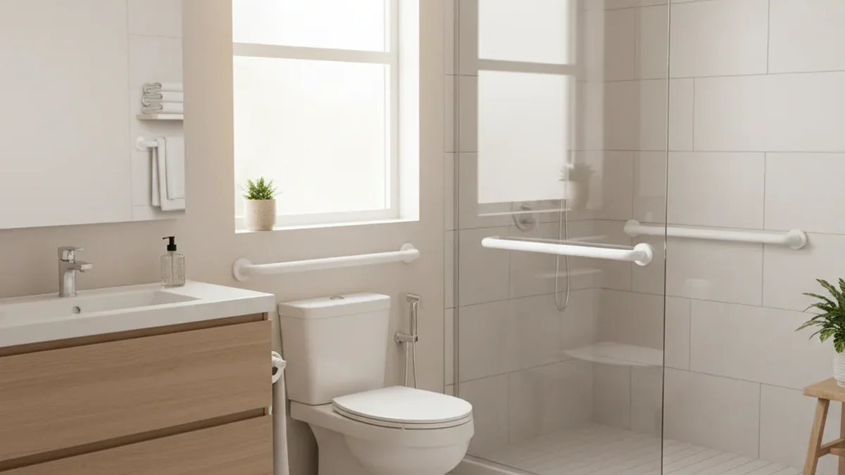 Clean modern residential bathroom with white grab bars installed near the toilet and walk-in shower, warm natural lighting