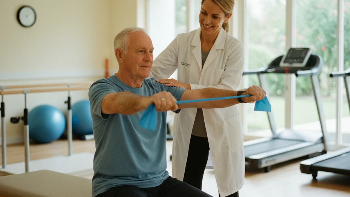 Elderly man doing rehabilitation exercises with a physical therapist in a bright, clean rehab facility