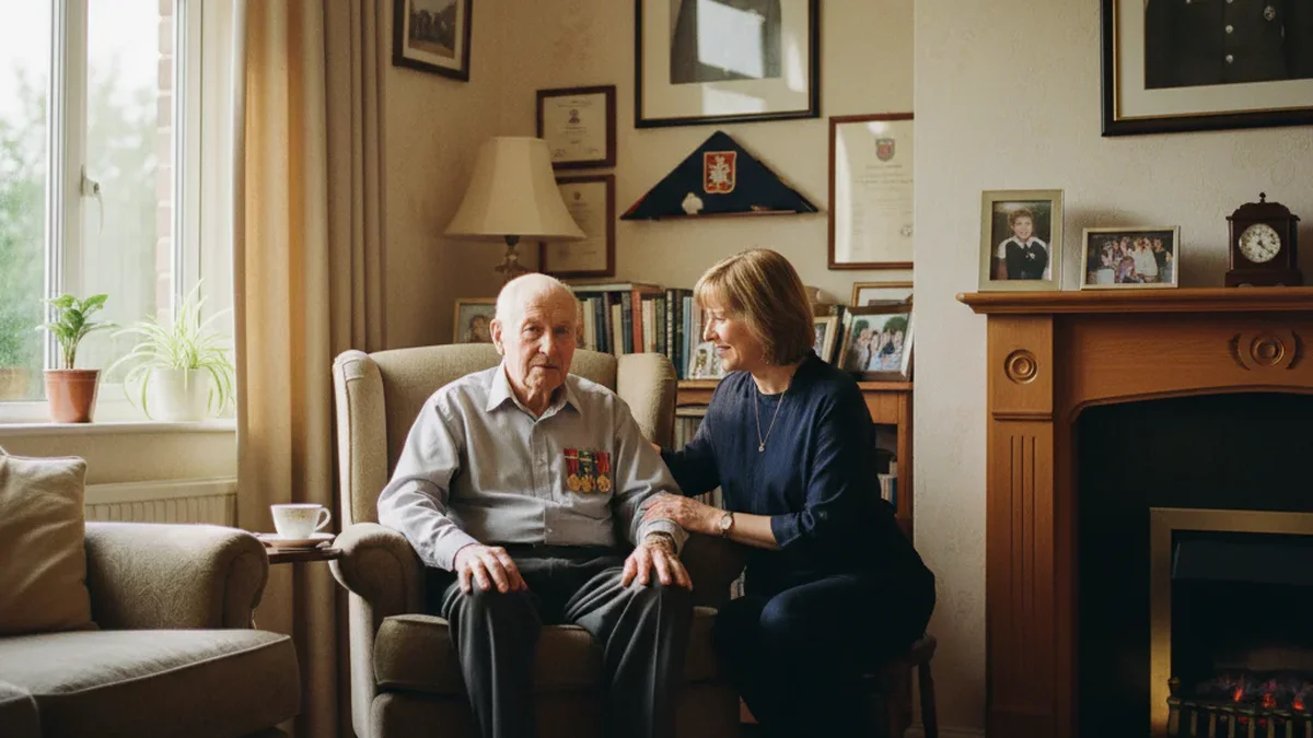 Elderly veteran man with service medals sitting with his adult daughter in a warm residential living room, military memorabilia and family photos on the wall behind them
