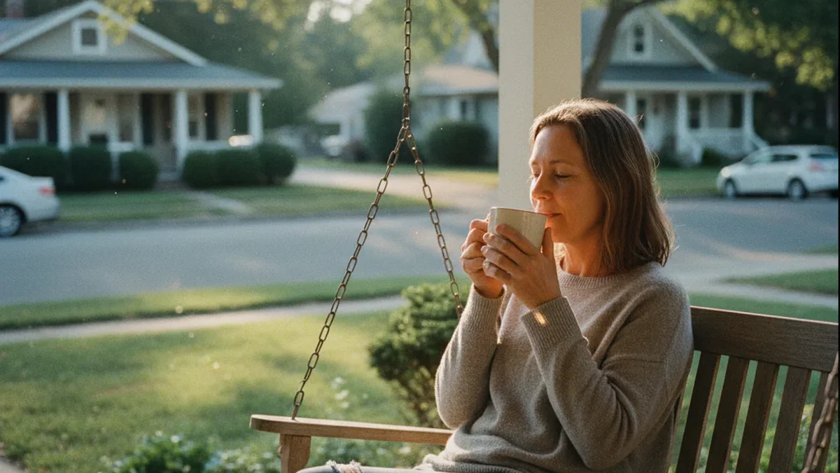 Woman sitting on a porch swing with a mug of coffee, taking a quiet moment alone in a residential neighborhood