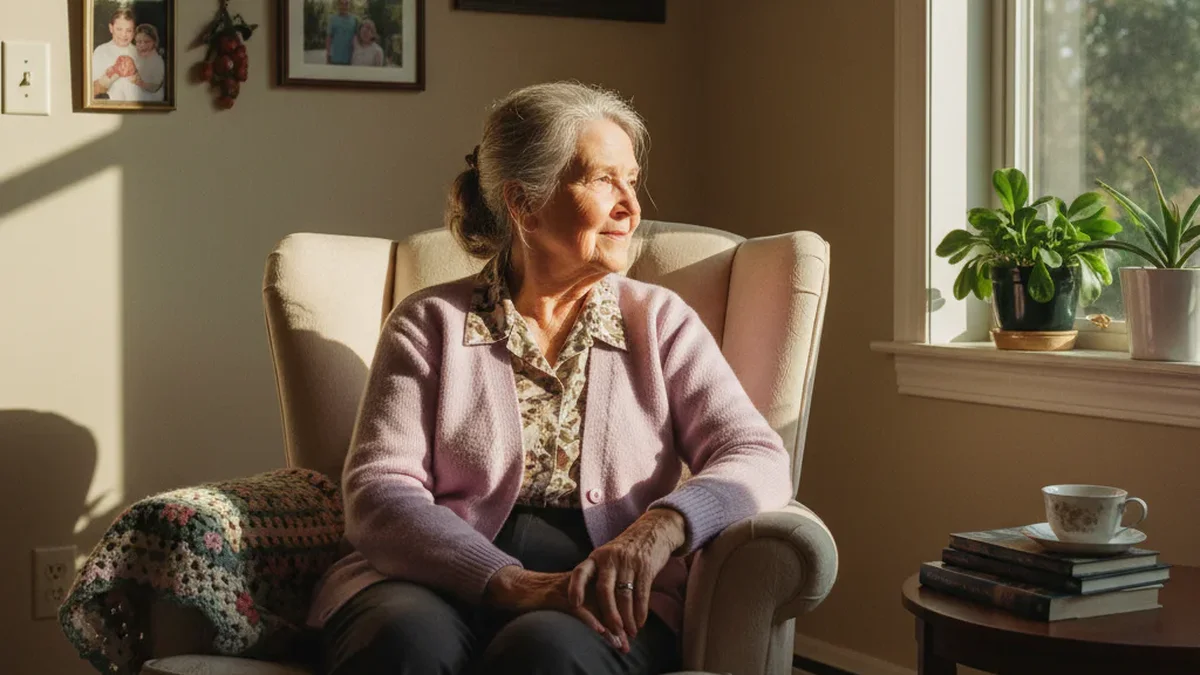 Woman at kitchen desk reviewing paperwork, natural window light, warm home setting