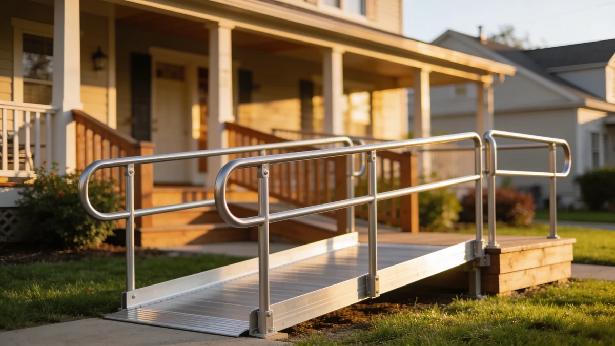 Aluminum wheelchair ramp with handrails leading up to a residential front porch in warm afternoon light