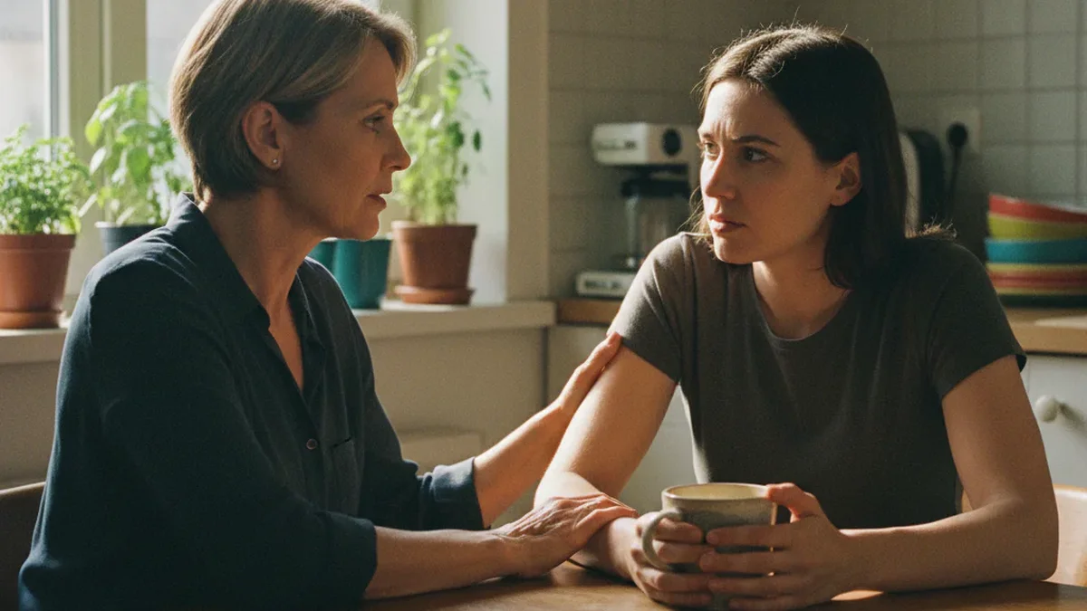 Adult woman in her late 50s sitting at a kitchen table with her adult daughter in a supportive conversation, warm morning light